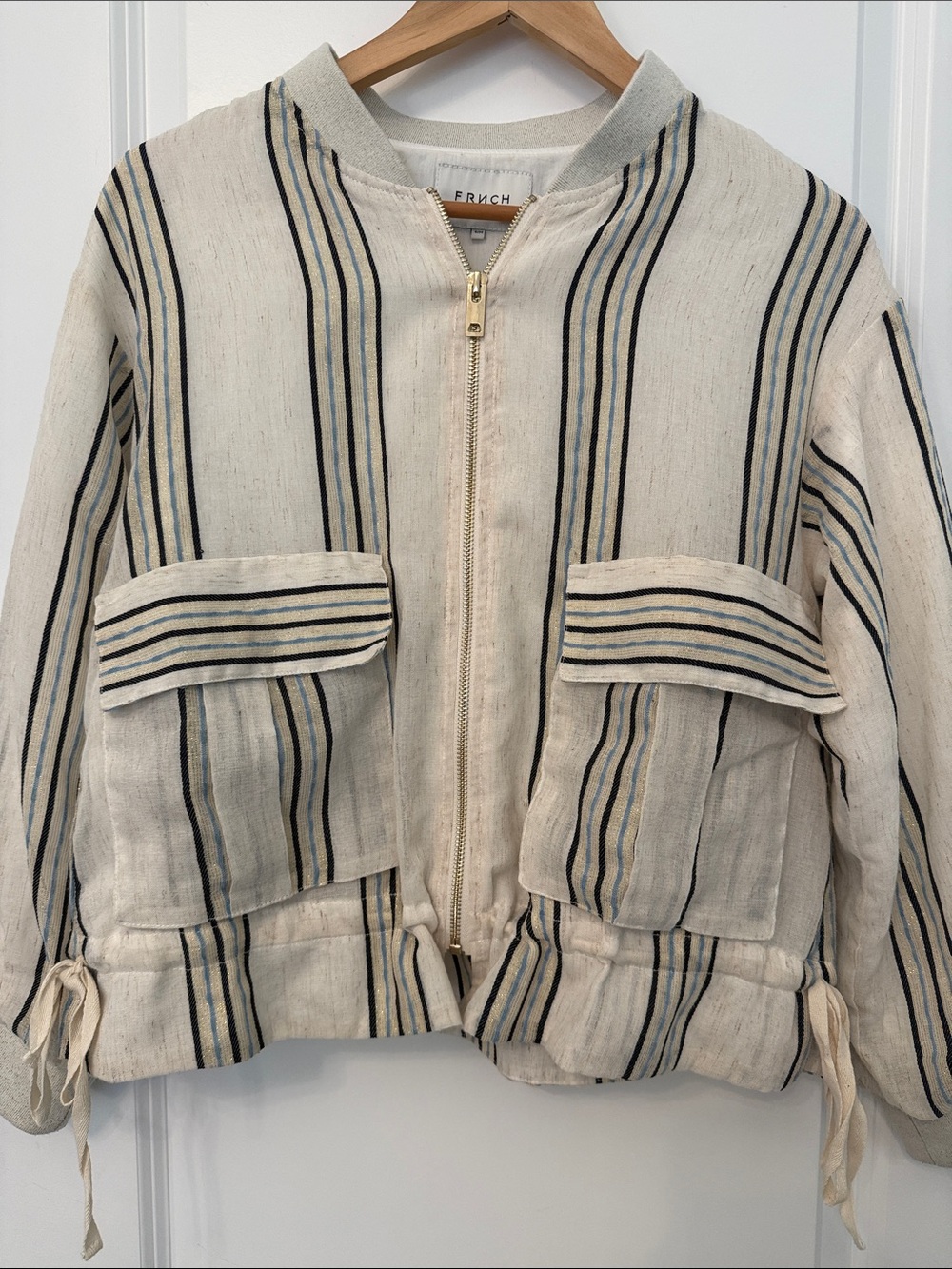 FRNCH Cream Bomber Jacket with Blue and Black Stripes